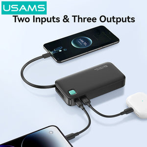 USAMS power bank CD224 με καλώδιο USB-C, 2x θύρες εξόδου, 10000mAh, 20W, λευκό