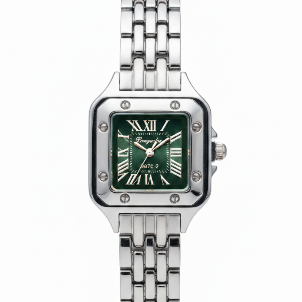 Vintage Γυναικείο Ρολόι Square Green με Ασημί Μεταλλικό Μπρασελέ