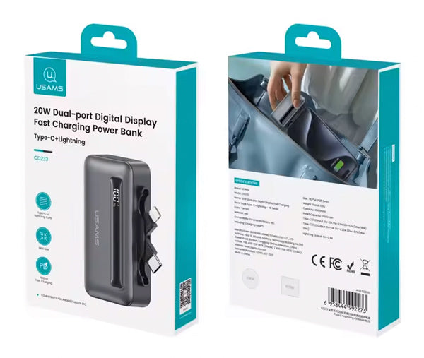 USAMS power bank CD233, USB-C/Lightning έξοδος, 4500mAh, 20W, γκρι