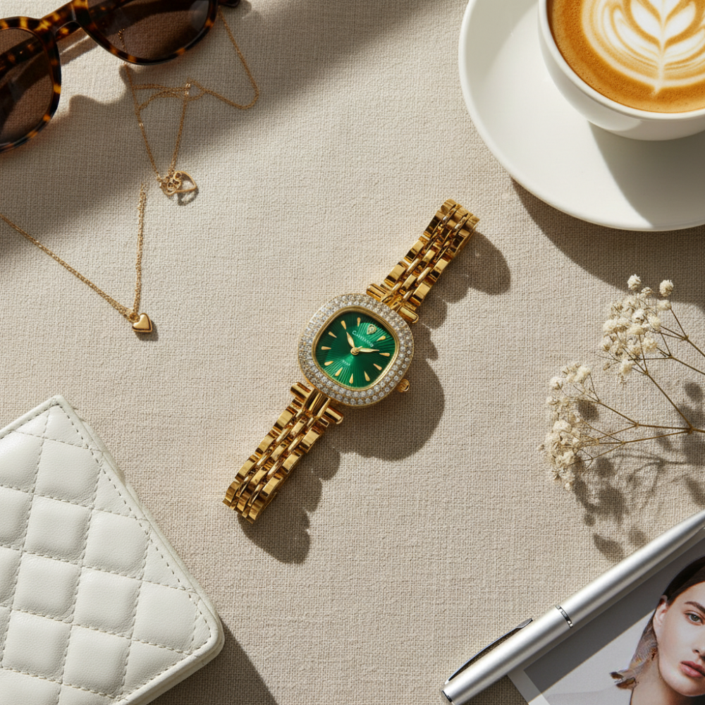 Vintage Γυναικείο Ρολόι Gold Green με Χρυσό Μεταλλικό Μπρασελέ