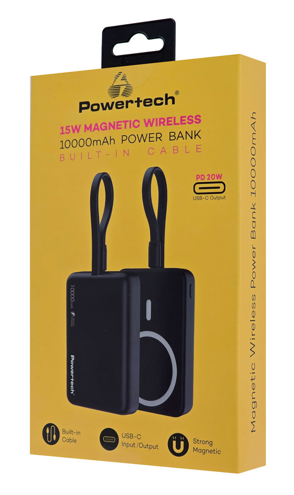 POWERTECH power bank PT-1376 με καλώδιο, 10000mah, magnetic wireless, 20W, μαύρο