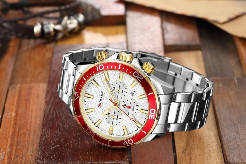 Curren 8309 Ανδρικό Ρολόι με Μπρασελέ και Λευκό Κόκκινο Καντράν