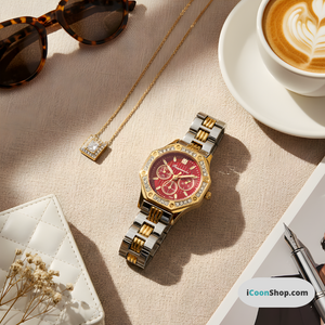 Vintage Γυναικείο Ρολόι Gold Silver Red με Μεταλλικό Μπρασελέ