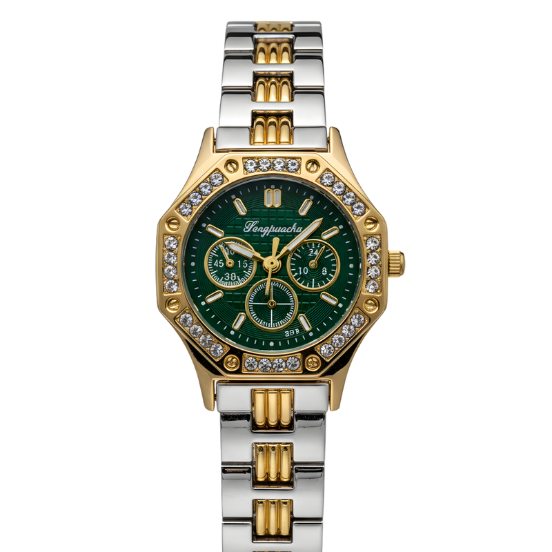 Vintage Γυναικείο Ρολόι Gold Silver Green με Μεταλλικό Μπρασελέ