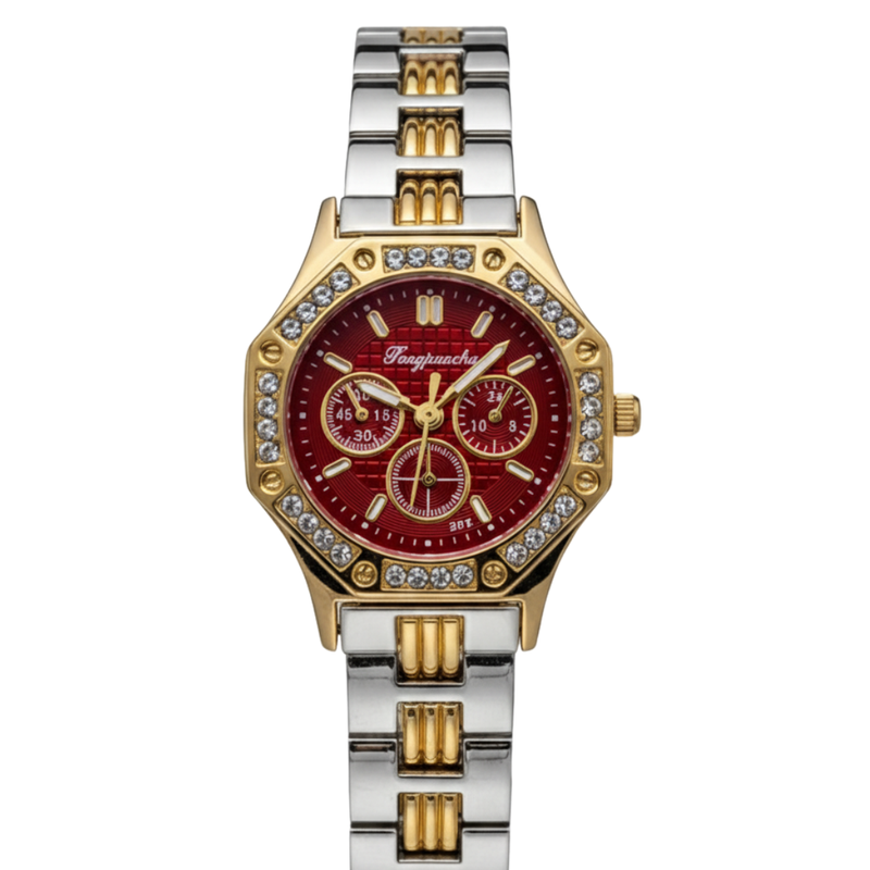 Vintage Γυναικείο Ρολόι Gold Silver Red με Μεταλλικό Μπρασελέ