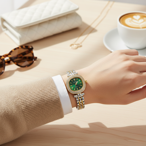 Vintage Γυναικείο Ρολόι Silver Green με Χρυσό Μεταλλικό Μπρασελέ