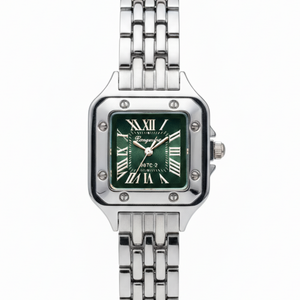 Vintage Γυναικείο Ρολόι Square Green με Ασημί Μεταλλικό Μπρασελέ