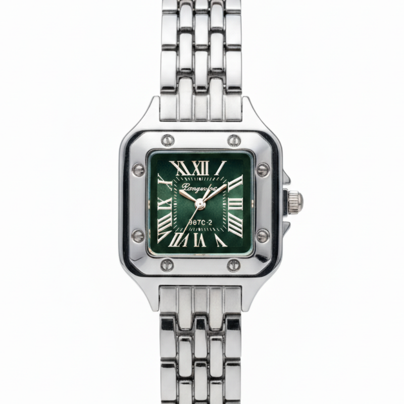 Vintage Γυναικείο Ρολόι Square Green με Ασημί Μεταλλικό Μπρασελέ