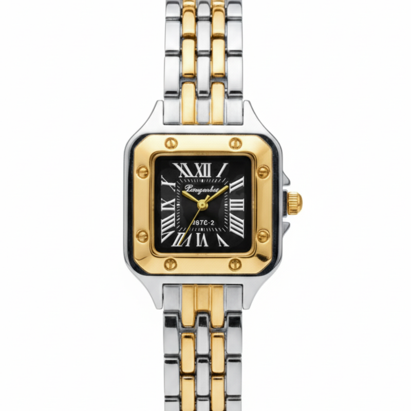 Vintage Γυναικείο Ρολόι Square Gold Black με Χρυσό Μεταλλικό Μπρασελέ