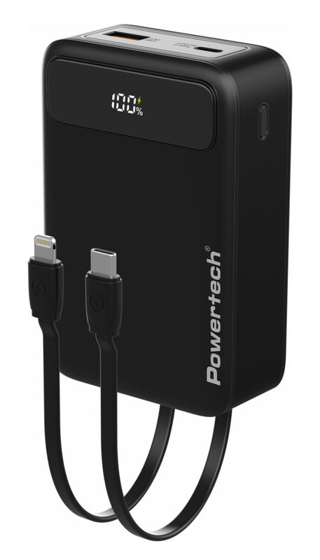 POWERTECH power bank PT-1504 με καλώδια & οθόνη, 20000mah, 22.5W, μαύρο