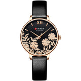 Curren 9065 Γυναικείο ρολόι Μαύρο με Δερμάτινο Λουράκι και λουλούδια στο καντράν