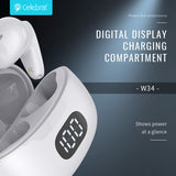 Слушалки CELEBRAT с кутия за зареждане TWS-W34, True Wireless, бели